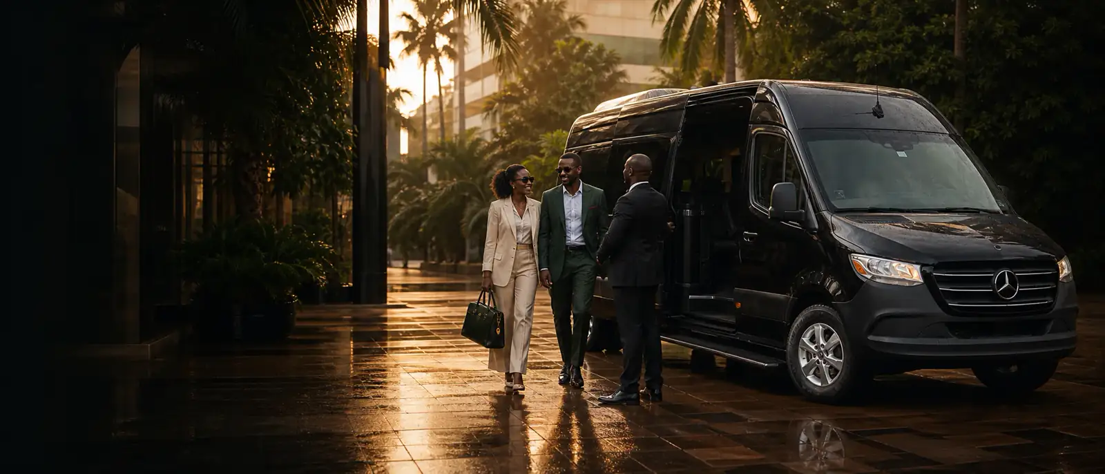 Cameroonian travellers welcomed by a chauffeur beside a black passenger van in Douala after rain