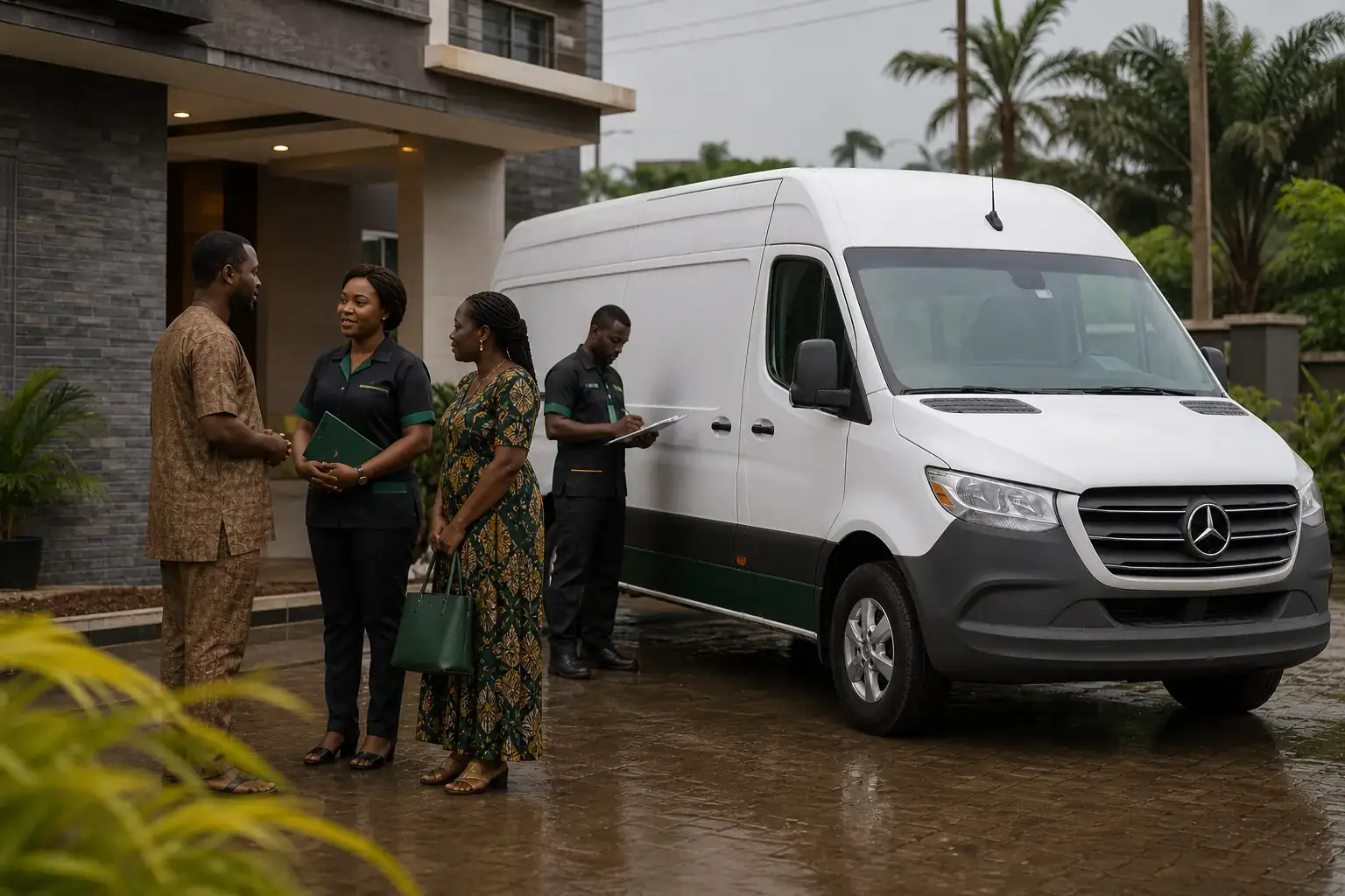 A Cameroonian coordinator speaking with a family beside a white vehicle in Douala